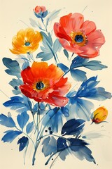 Beautiful flowers, gouache painting, bright watercolor illustration