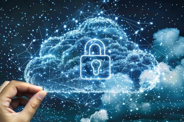 Innovative cloud computing with padlock and data integration, illustrating advanced cybersecurity measures and secure storage solutions in a tech driven ecosystem