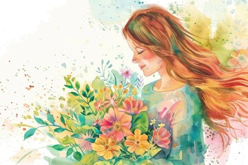Beautiful watercolor painting of a woman holding a bouquet of flowers, perfect for various design projects