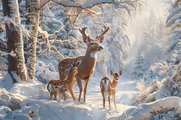 Two deer standing on snowy forest background. Suitable for winter-themed designs