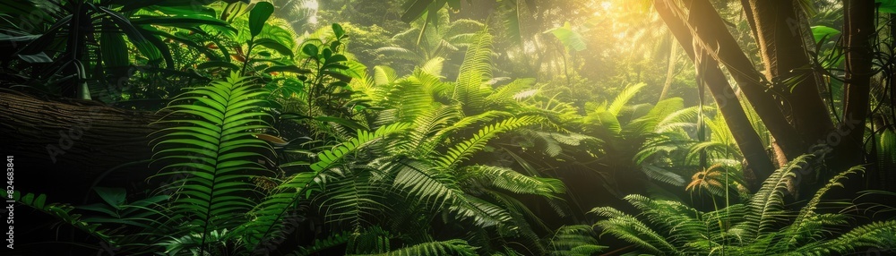 Poster lush green forest with sunlight filtering through, showcasing dense foliage and vibrant nature scene