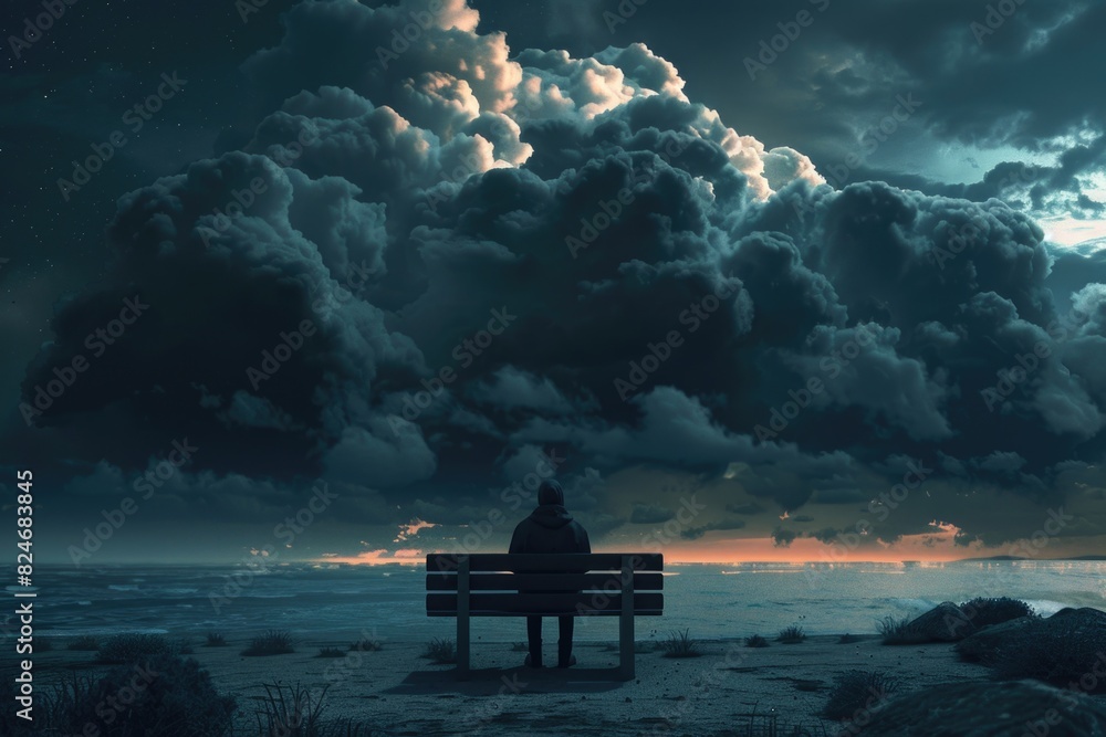 Poster a person sitting on a bench in front of a cloudy sky. suitable for various outdoor themes