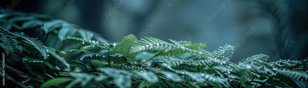Poster close-up of fern leaves with morning dew in a misty forest, creating a serene and tranquil nature sc
