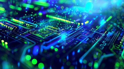 Obraz premium Glowing neon blue techno music background with vibrant circuitry design