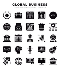 Global Business Glyph icons collection. 25 icon set. Vector illustration.