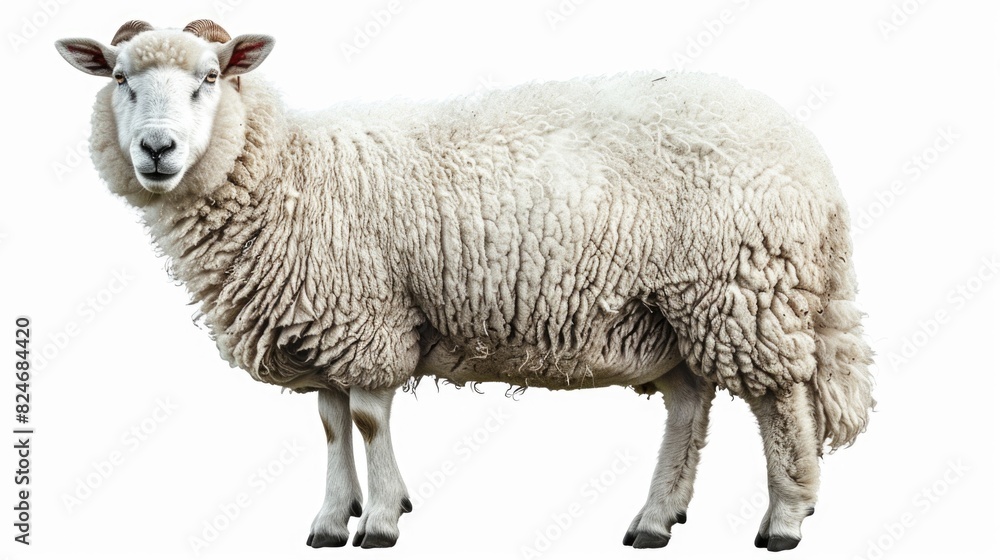 Poster a sheep standing in front of a white background. suitable for various projects
