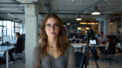 Obraz premium A woman wearing glasses and standing in a tech startup office environment. The background include modern cameras fitted on black tripods, with other people be working at office desks. Generative AI.