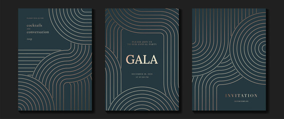 Luxury invitation card background vector. Golden elegant geometric shape, gold lines gradient on dark blue background. Premium design illustration for gala, grand opening, party invitation, wedding.
