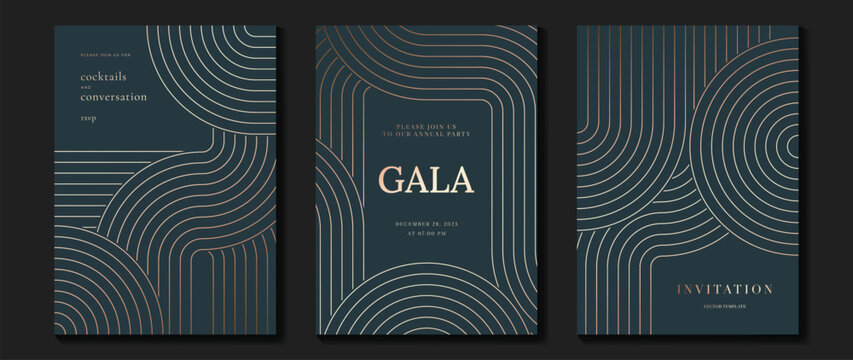 Luxury invitation card background vector. Golden elegant geometric shape, gold lines gradient on dark blue background. Premium design illustration for gala, grand opening, party invitation, wedding.