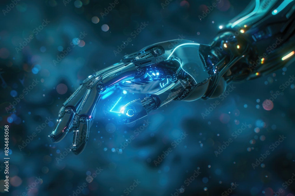 Poster a robotic hand holding a glowing blue object. suitable for technology concepts