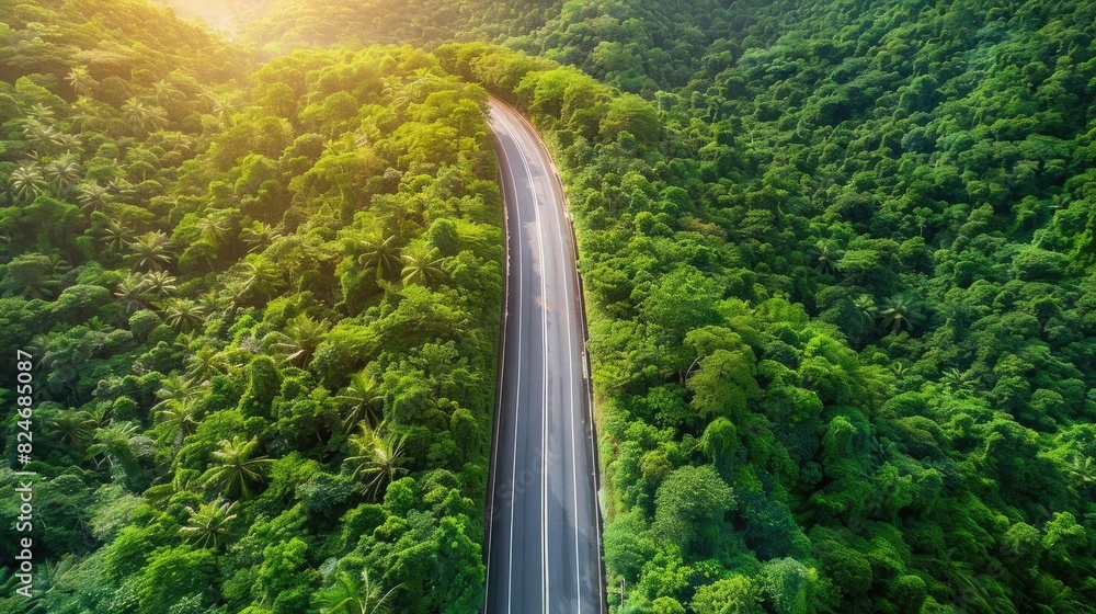 Poster Aerial view of a winding road through lush green forest with sunlight filtering through, creating a serene and picturesque landscape.