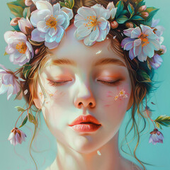 Obraz premium Portrait of a beautiful girl with spring flowers in her hair, generation ai
