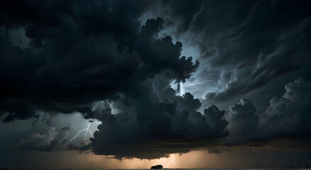 a stormy sky with lightning and clouds over a field - Powered by Adobe