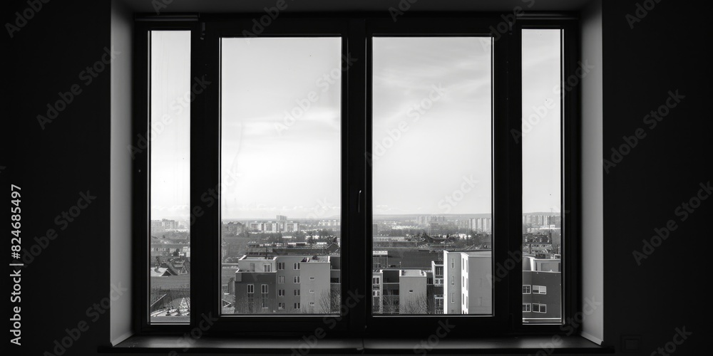 Poster Black and white photo of a cityscape viewed through a window. Suitable for urban and architectural concepts