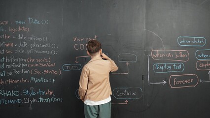 Back view of smart boy writing engineering prompt on blackboard. Attractive happy student planing a...
