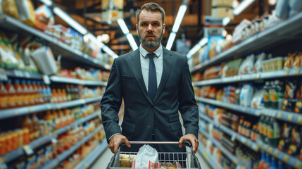 A business man in a suit grocery shopping pushing a grocery cart. Generative AI.
