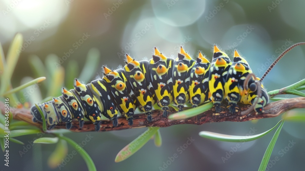 Poster detailed view of a caterpillar on a tree branch. perfect for nature and wildlife themes