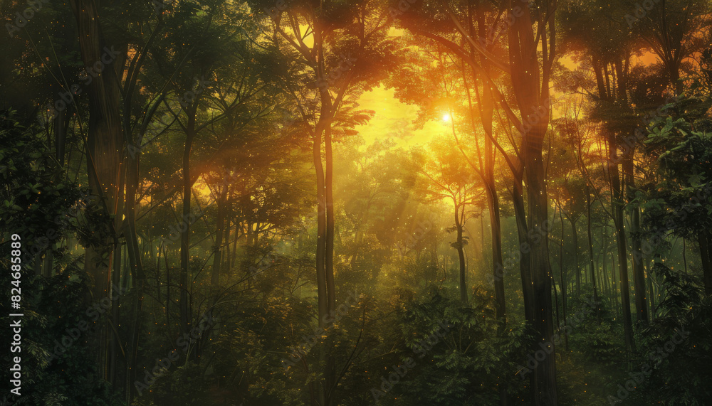 Poster a forest with trees and a sun shining through the trees