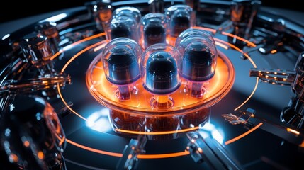 Fototapeta premium Isolated quantum system in a vacuum chamber from a top view illustrating undisturbed quantum states in a Scifi tone with a Complementary Color Scheme