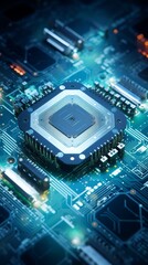 Obraz premium Advanced quantum machine in a sterile hightech environment from a top view illustrating silent quantum mechanics in a Technology tone with a Monochromatic Color Scheme