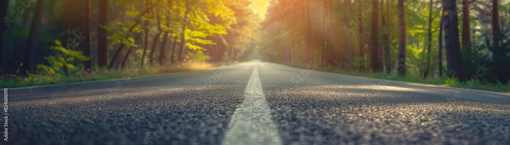 Poster a scenic road leading through a forest with sunlight filtering through the trees, creating a peacefu