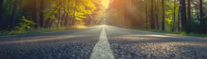 A scenic road leading through a forest with sunlight filtering through the trees, creating a peaceful and picturesque scene.