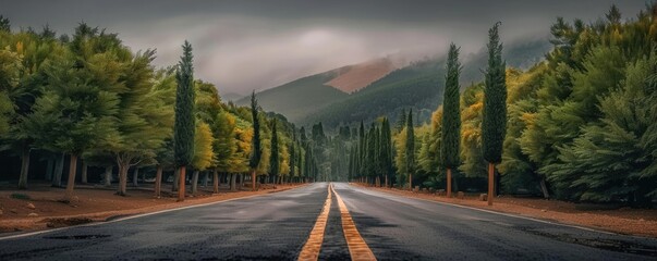 A scenic road lined with trees, leading towards misty mountains under a cloudy sky, creating a serene and tranquil atmosphere.