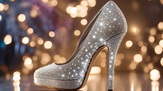  Stiletto heels decorated with shimmering crystals spinning under dazzling spotlights