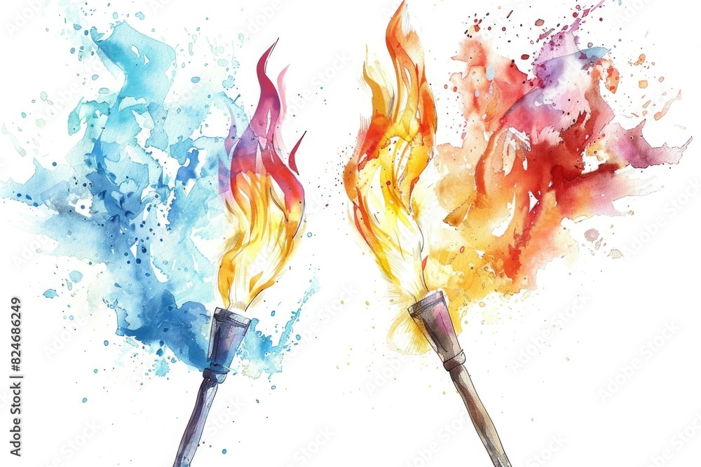 Poster A realistic painting of two torches with fire. Suitable for various design projects