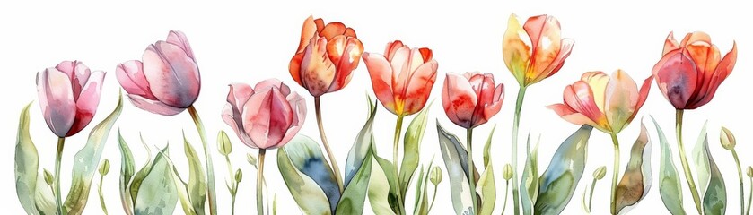 Artistic floral composition in watercolor, featuring tulips and budding flowers, ideal for sophisticated botanical prints