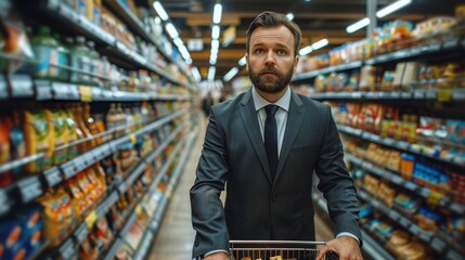 A business man in a suit grocery shopping pushing a grocery cart. Generative AI.