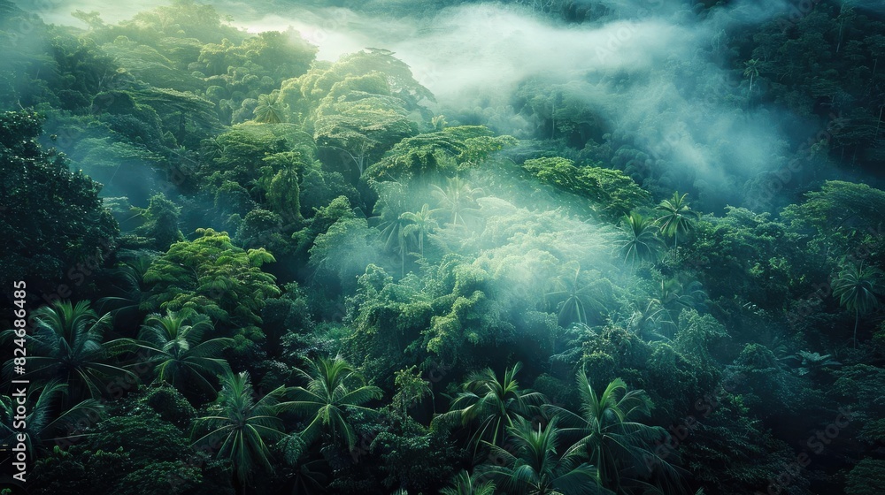 Poster lush, misty rainforest landscape with dense trees, shrouded in morning fog creating a serene and mys