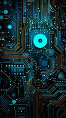 Circuit board digital drawing of complex circuits from a top view emphasizing electrical efficiency in a Robotic tone with a Triadic Color Scheme