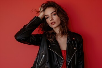 Stylish woman in red dress and leather jacket, perfect for fashion blogs or magazines