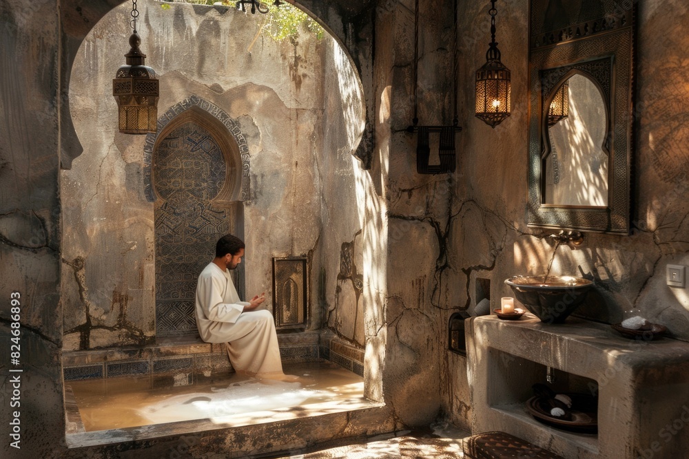 Poster A person sitting on a bench in a room. Suitable for interior design concepts