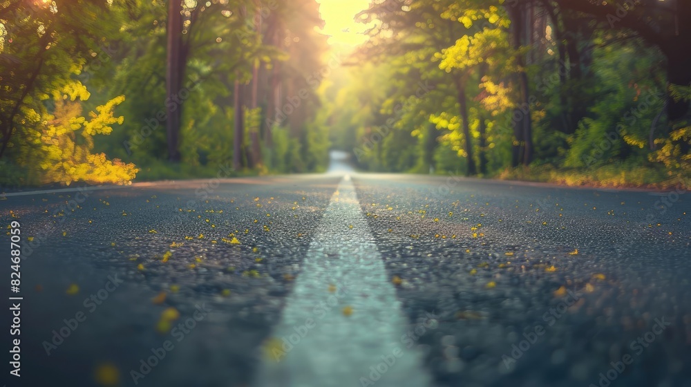 Poster scenic empty road through a lush forest with sunlight filtering through the trees, creating a serene