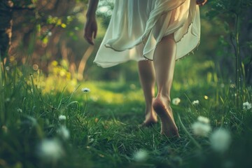 A woman in a white dress walking through the grass. Suitable for nature and lifestyle concepts