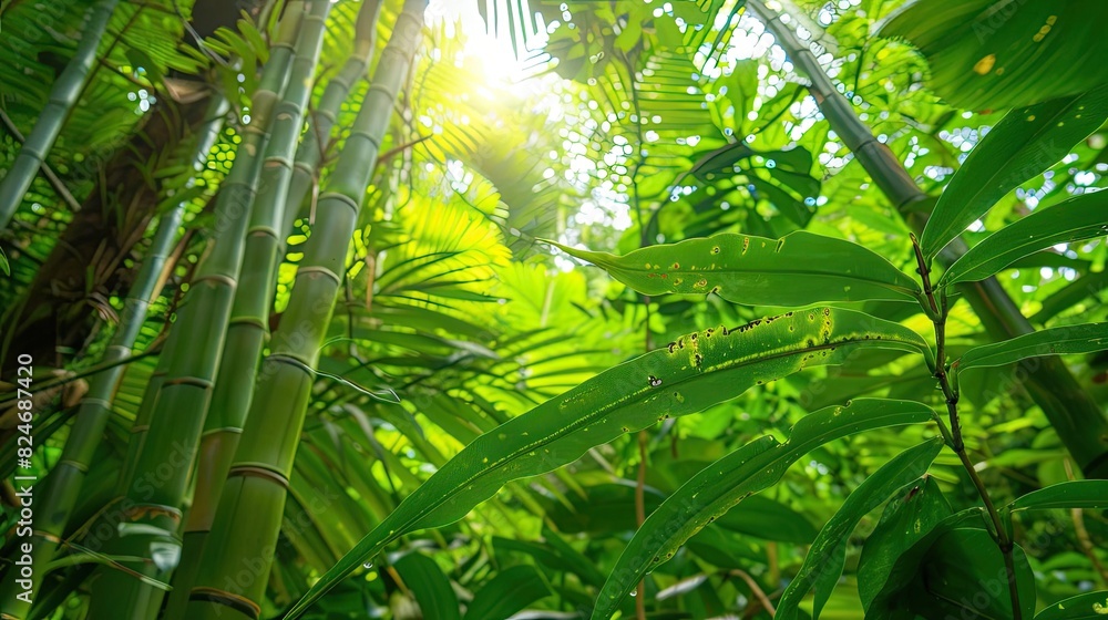Poster lush green bamboo forest with sunlight filtering through the dense leaves, creating a serene and vib