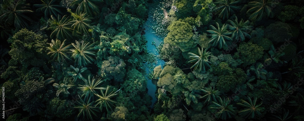 Poster aerial view of a lush tropical rainforest with dense vegetation and a winding river running through 