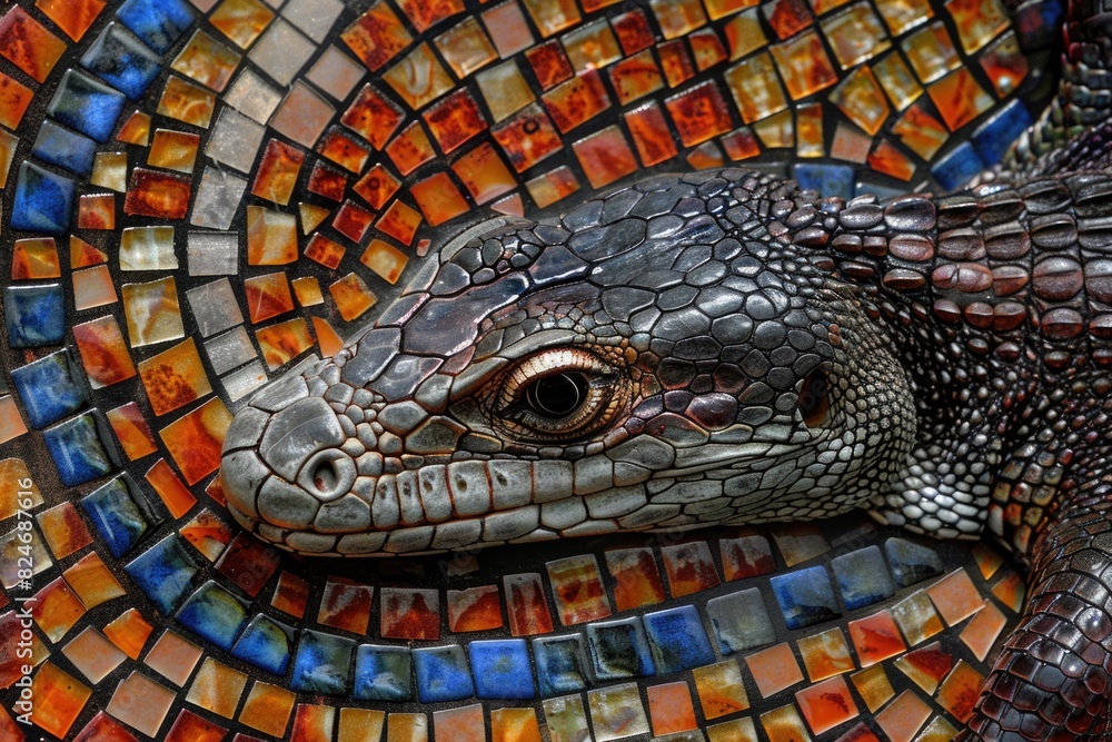 Poster close-up of a lizard's face on a colorful mosaic table, perfect for reptile enthusiasts or nature-th