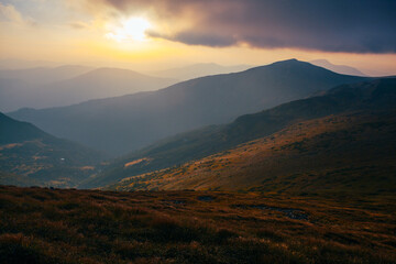 Amazing sunset in Ukrainian Carpathian mountains , Chornigysrsyi hrebet range