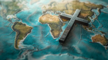 Holy cross of Jesus Christ and world map. Global mission and evangelism concept. Telling all the people about Jesus. Spreading the evangelism around all nations.
