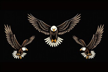 Fototapeta premium Three majestic bald eagles soaring through the dark sky. Perfect for wildlife and nature themes