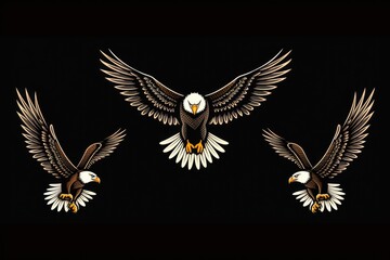 Three majestic bald eagles soaring through the dark sky. Perfect for wildlife and nature themes