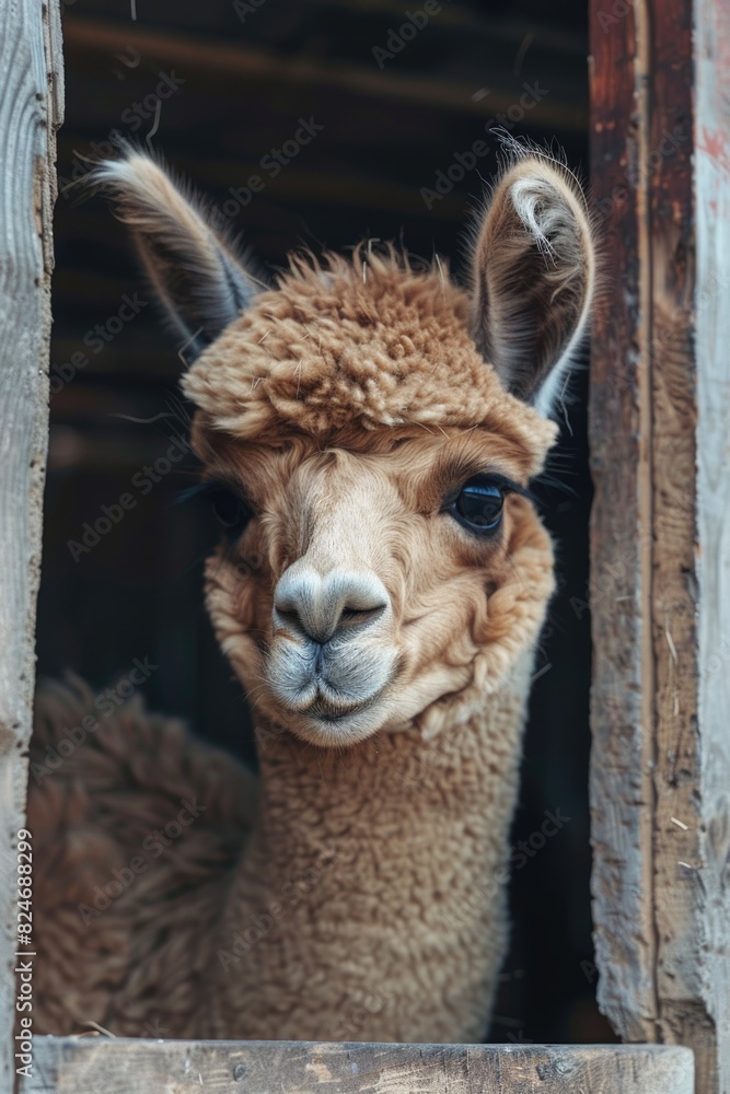 Poster close up of a llama peeking through a window, suitable for animal and nature concepts