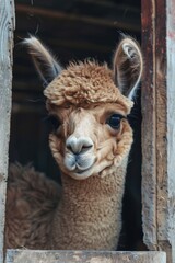 Close up of a llama peeking through a window, suitable for animal and nature concepts
