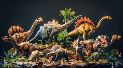 Obraz premium Toy dinosaurs standing on a rock, perfect for educational materials