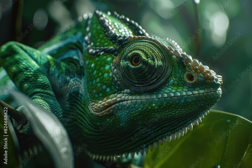 Poster detailed image of a chameleon resting on a leaf. perfect for nature and wildlife themes