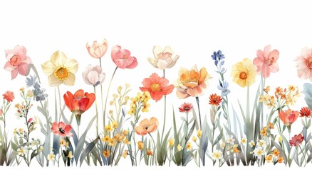 Seamless horizontal border of handpainted flowers in soft watercolor pastels