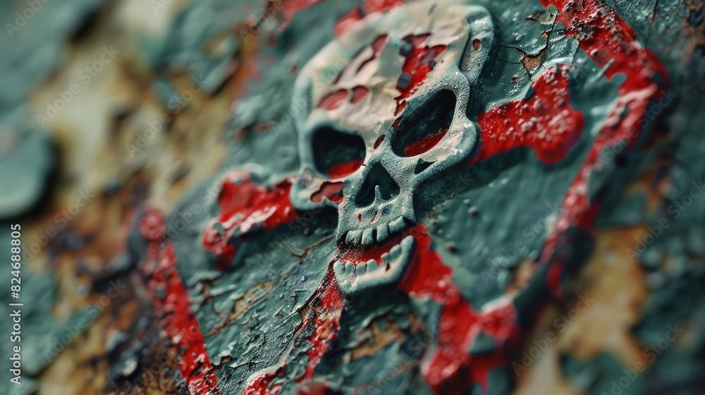 Poster A close up image of a skull and crossbones on a rusty surface. Perfect for illustrating danger or warning signs